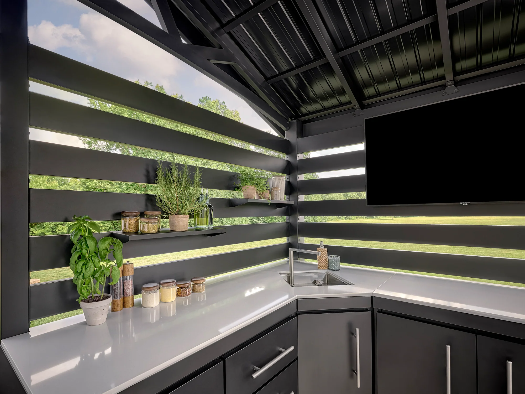 Langston | Covered Walk-In Outdoor Kitchen with Built-In Grill & Pizza Oven - Image 15